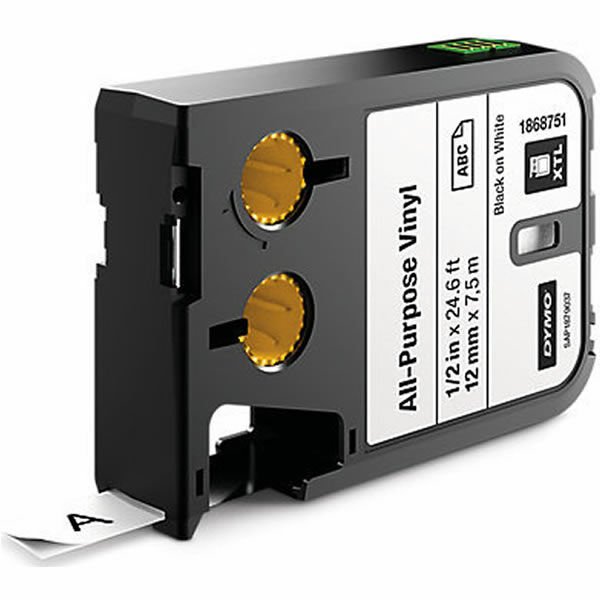 Dymo 1868751 Rhino XTL Çok Amaçlı Vinil 12mmx7mt Beyaz Üzerine Siyah Şerit