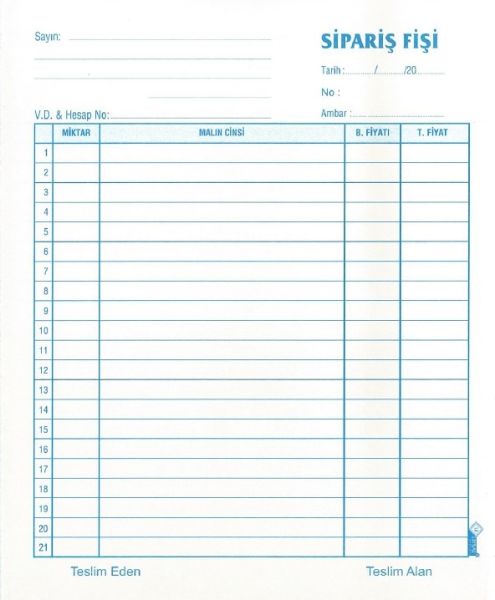 Uysal 2/50 2 Nüsha Otokopili Sipariş Fişi