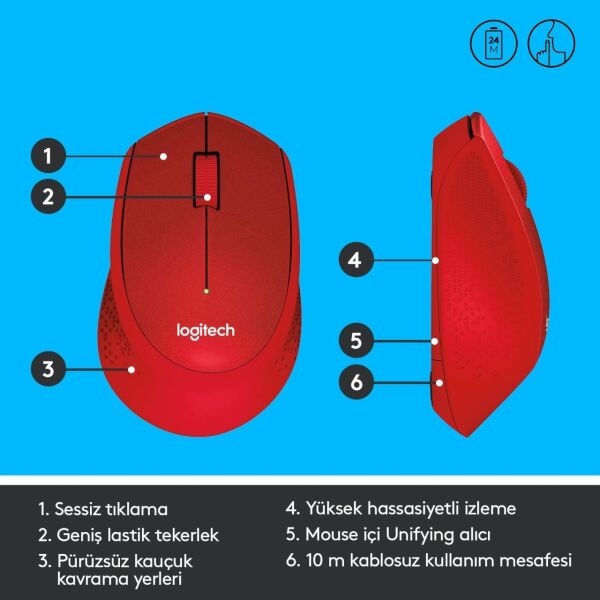 Logitech 910-004911 M330 Silent Plus Kırmızı Kablosuz Mouse