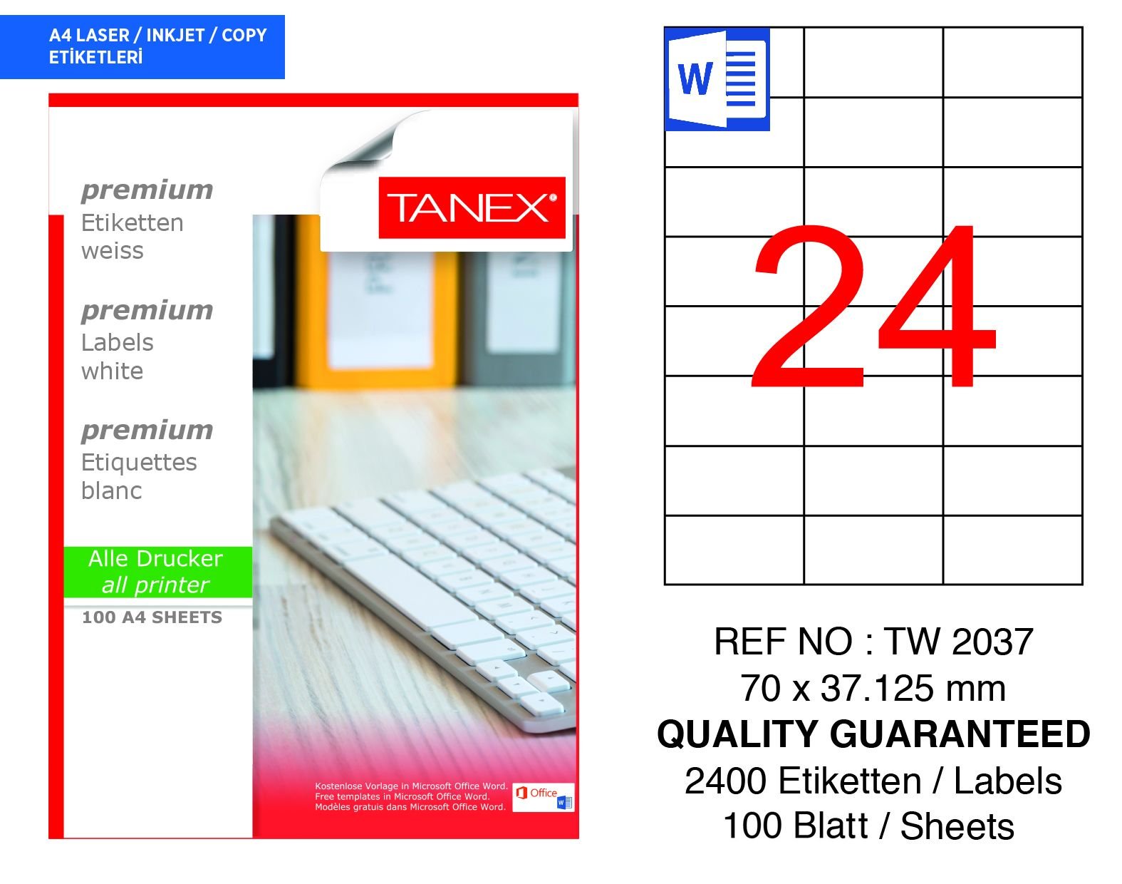 Tanex TW-2037 70x37mm 100 lü Lazer Etiketi