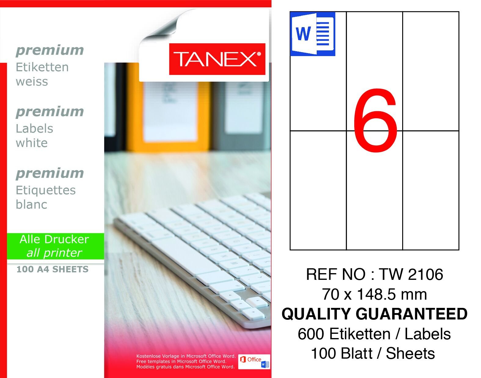 Tanex TW-2106 70x148,5mm 100 lü Lazer Etiketi