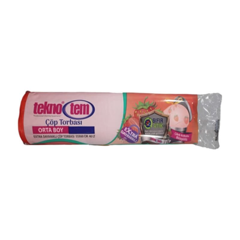 Teknotem 55x60 10 lu Çilek Kokulu Büzgülü Orta Boy Çöp Poşeti