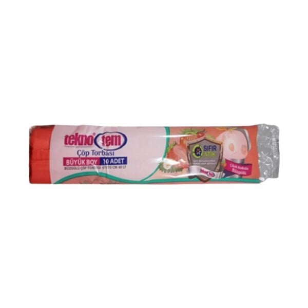 Teknotem 65x70 10 lu Çilek Kokulu Büyük Boy Büzgülü Çöp Poşeti