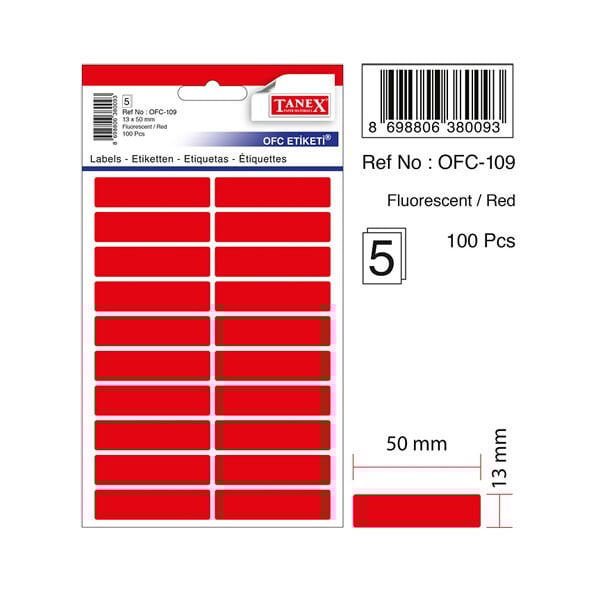 Tanex OFC-109 5 li Floresan Kırmızı Ofis Etiketi