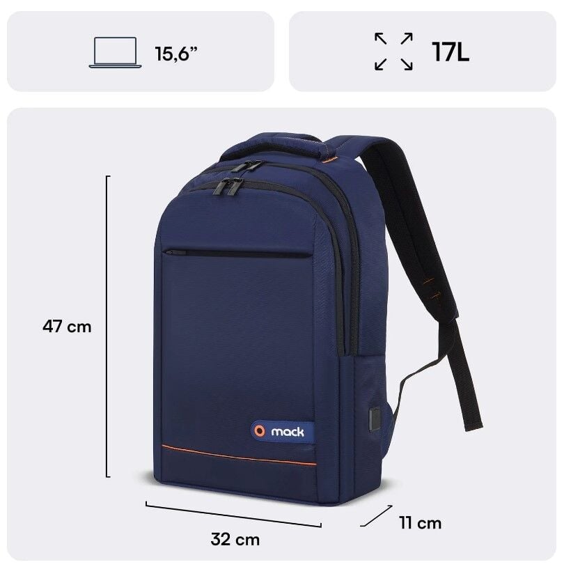 MACK MCC-006BL 15.6 İNÇ OFFİCE USB GİRİŞLİ LACİVERT NOTEBOOK SIRT ÇANTASI