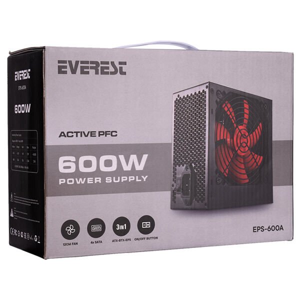 EVEREST EPS-600A 600W 12 CM FANLI 4 SATA AKTİF PFC PSU GÜÇ KAYNAĞI