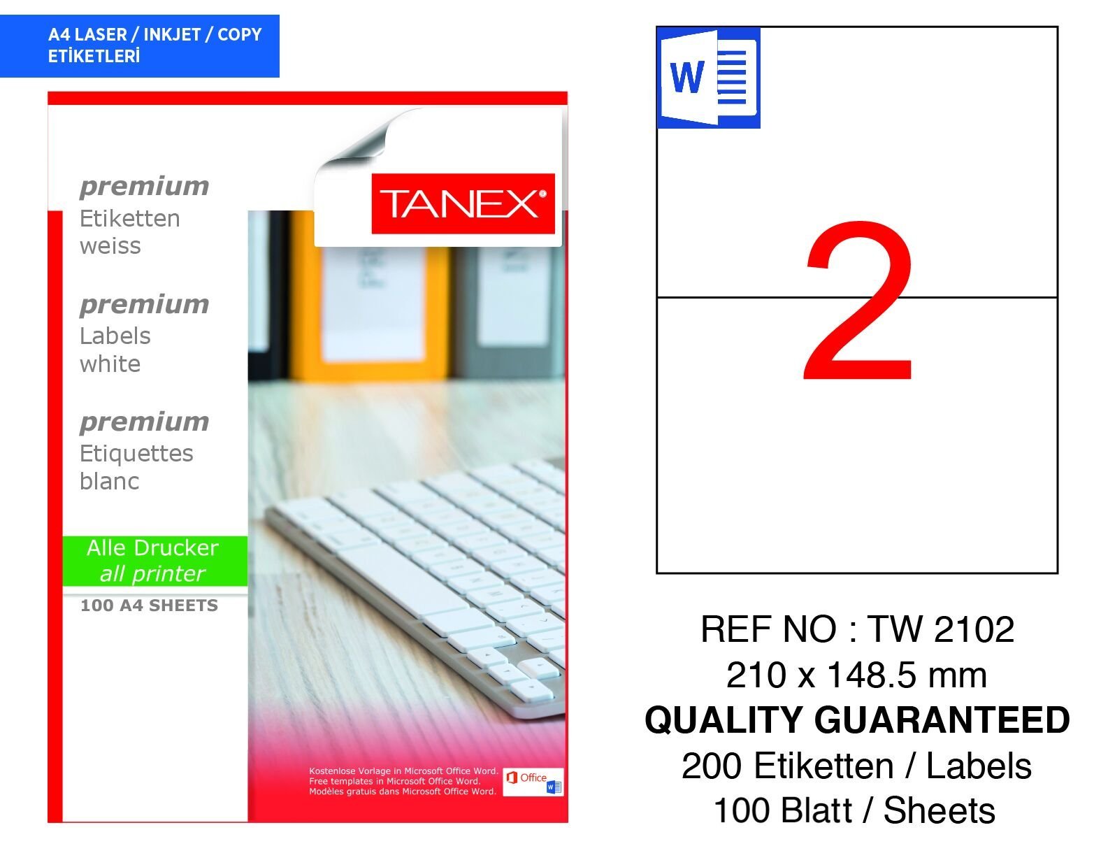 Tanex TW-2102 210x148,5mm 100 lü Lazer Etiketi