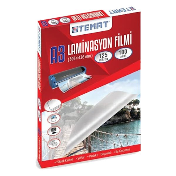 Temat 328910 A3 100 lü 30.3x42.6 cm Kutulu Laminasyon Filmi