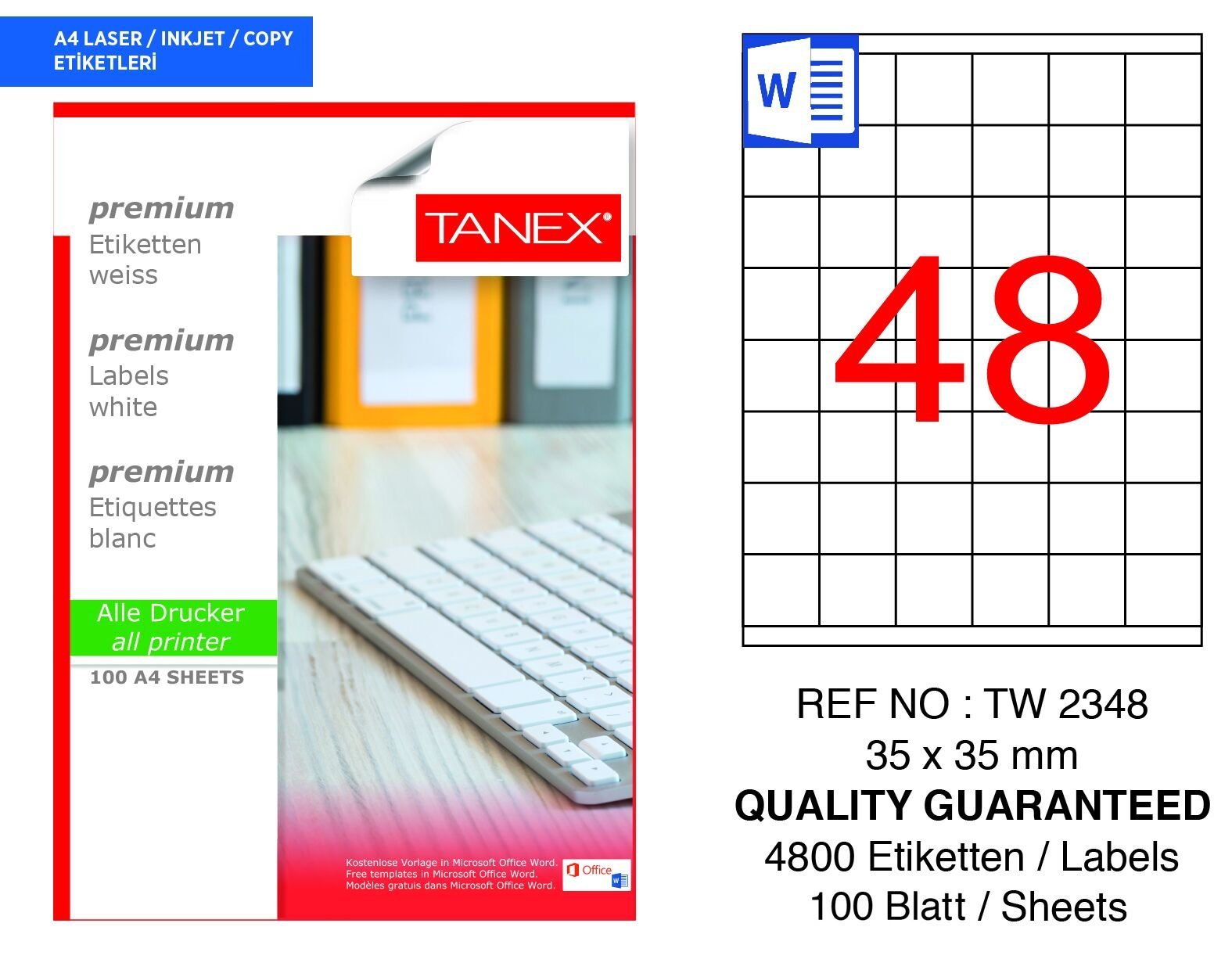 Tanex TW-2348 35x35mm 100 Adet Lazer Etiketi