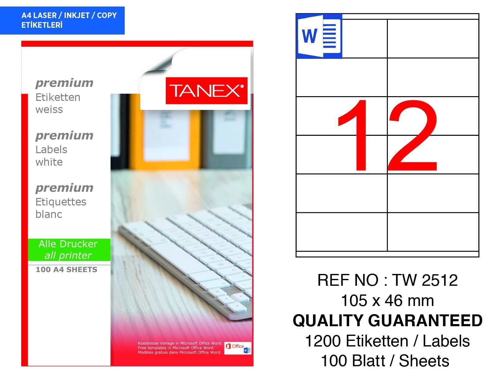 Tanex TW-2512 105x46mm 100 lü Lazer Etiketi