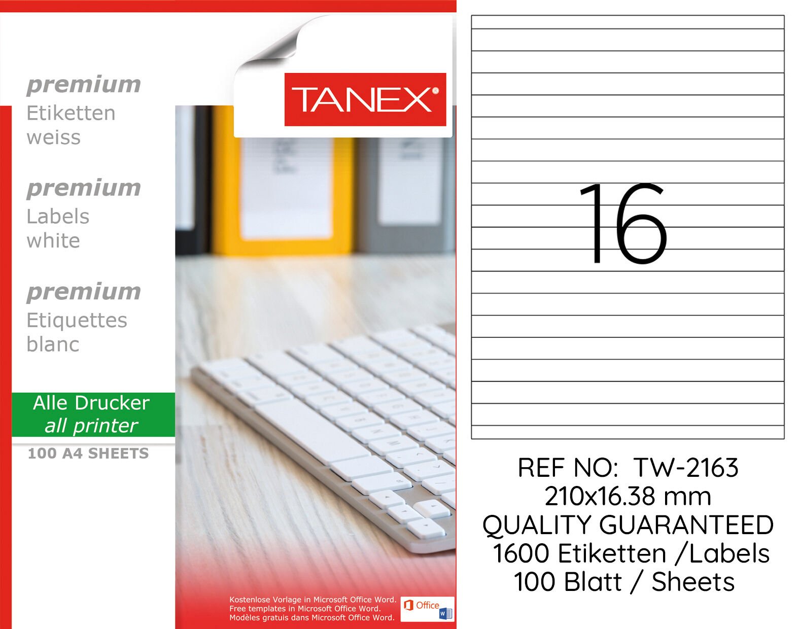Tanex TW-2163 210x16,38mm 100 lü Lazer Etiket