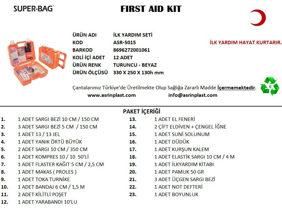 ASRIN ASR-5015 33X25X13CM İLKYARDIM SETİ
