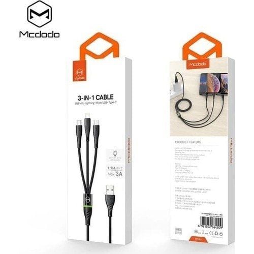 Mcdodo CA-6450 3 in 1 1,2 mt Siyah Data Şarj Kablosu