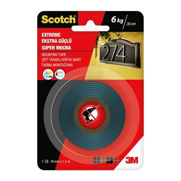 Scotch 40021915 19mmX1,5m Extra Güçlü Montaj Bandı