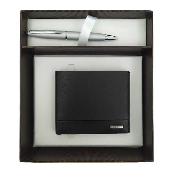 Cross AC028071-1 Cüzdan & AT0112-16 Calais Satin Krom Tükenmez Kalem Seti