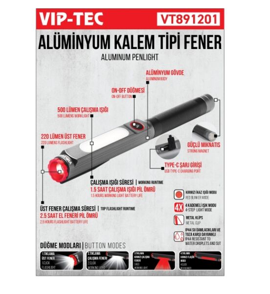 Vip-Tech Vt891201 Alüminyum Kalem Fener