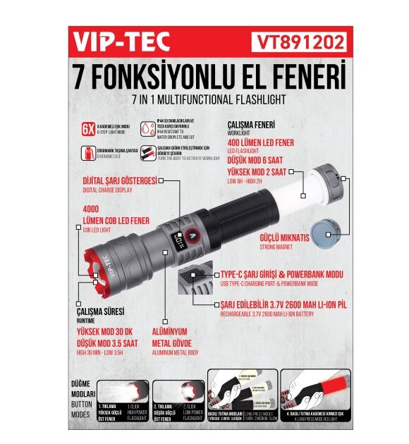 VİP-TECH VT891202 7 FONKSİYONLU EL FENERİ