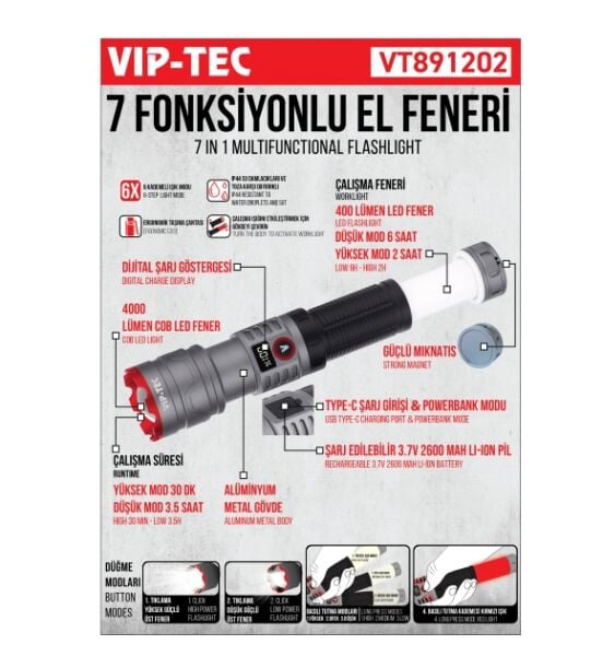 Vip-Tech Vt891202 7 Fonksiyonlu El Feneri