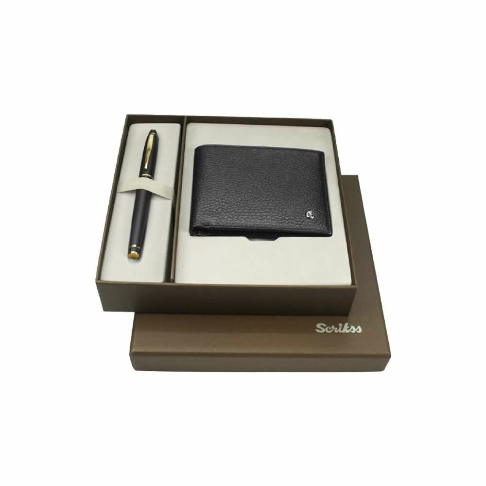 Scrikss DR241 35 Mat Siyah Altın Dolma Kalem & Tükenmez Kalem & Cüzdan Seti