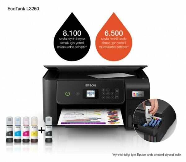Epson L3260 EcoTank Fotokopi + Tarayıcı + Wifi Direct + Tanklı Mürekkep Püskürtmeli Yazıcı