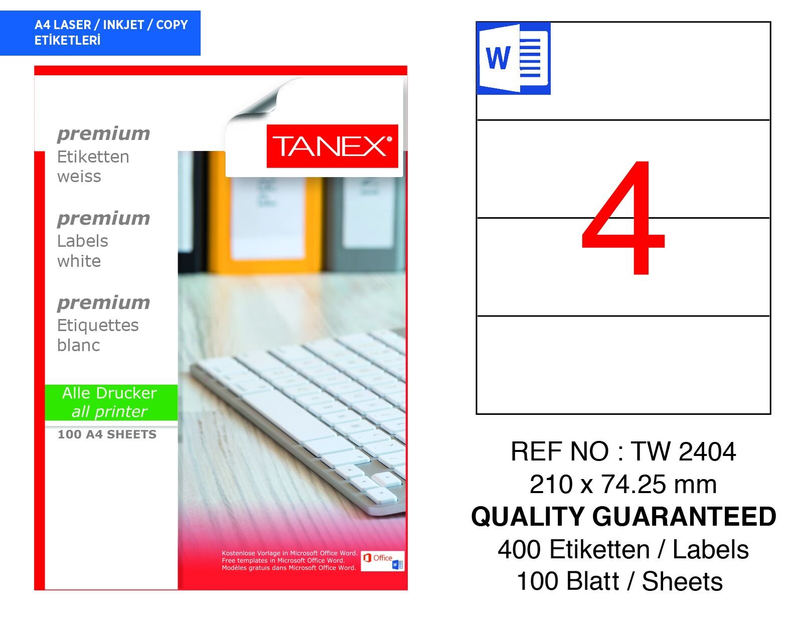 Tanex TW-2404 210x74,25mm 100 lü Lazer Etiketi