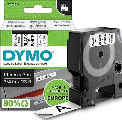 DYMO D1 Yedek Şerit, 19 mm x 7 mt, Beyaz/ Siyah (45803)