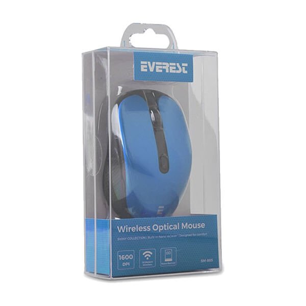 Everest SM-865 1600 Dpi 6D Alkalin Pilli Mavi Kristal Kutulu Kablosuz Sessiz Mouse