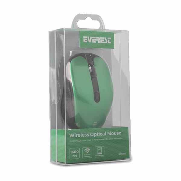 Everest SM-865 1600 Dpi 6D Alkalin Pilli Metalik Yeşil Kristal Kutulu Kablosuz Sessiz Mouse