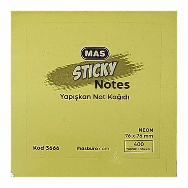 Mas 3666 76x76  400 Yaprak Neon 5 Renk Yapışkanlı Not Kağıdı