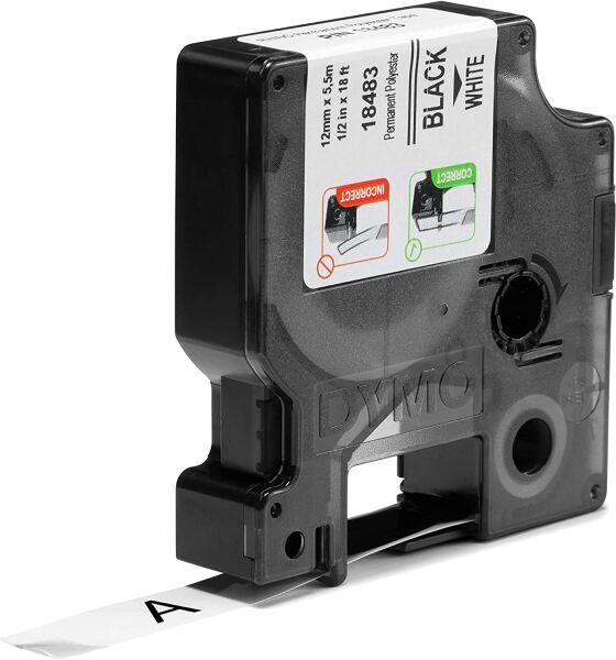 Dymo 18483 RhinoPRO Sabit Polyester 12mmx5.5m Beyaz Üzerine Siyah Şerit