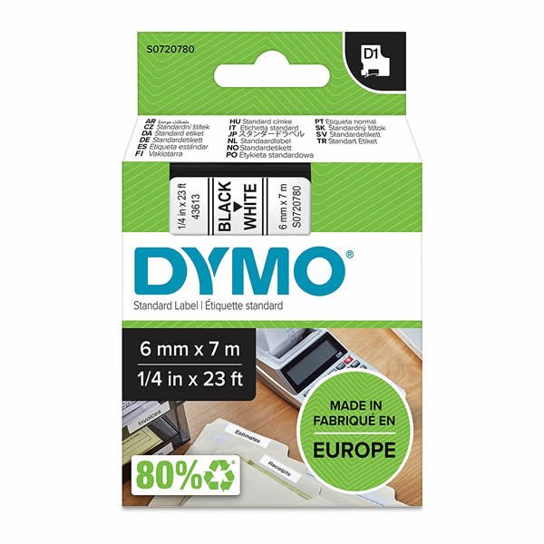 DYMO 43613 D1 6mmx7mt Beyaz Üzerine Siyah Yedek Şerit