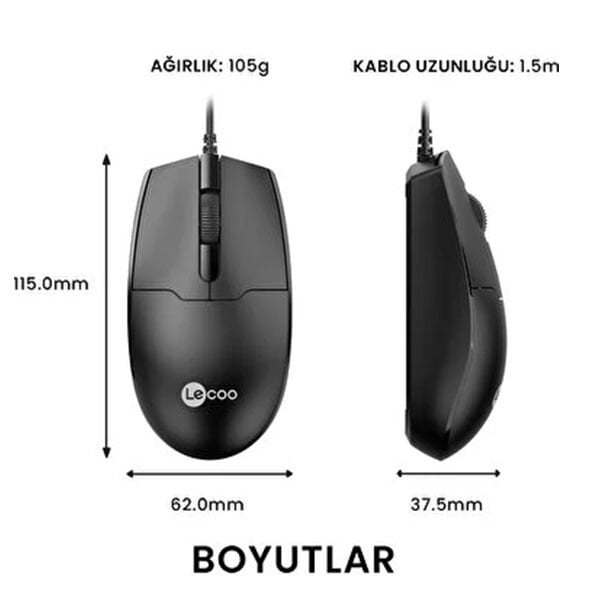 LENOVO LECOO MS101 1200 DPI 3 TUŞLU USB KABLOLU OPTİK MOUSE