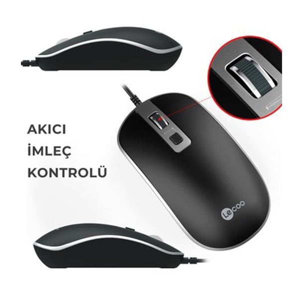 LENOVO LECOO MS104 USB KABLOLU 1600DPI 4 TUŞLU OPTİK MOUSE SİYAH