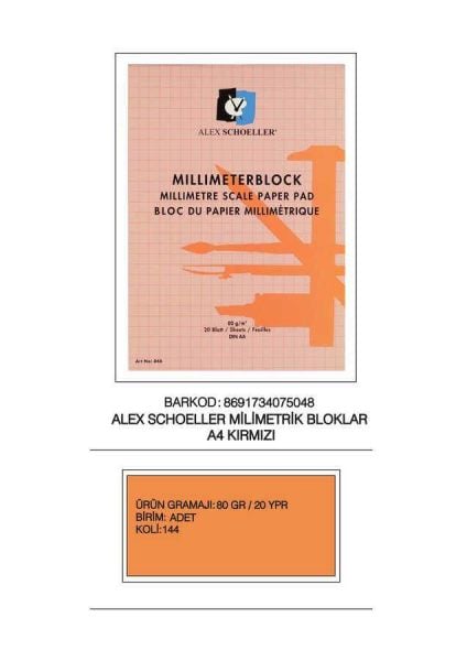 Alex Schoeller A4 20 li Kırmızı Milimetrik Blok