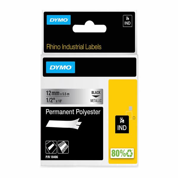 Dymo 18486 RhinoPro Sabit Polyester 12mmx5.5mt Metalik Gri Üzerine Siyah Şerit