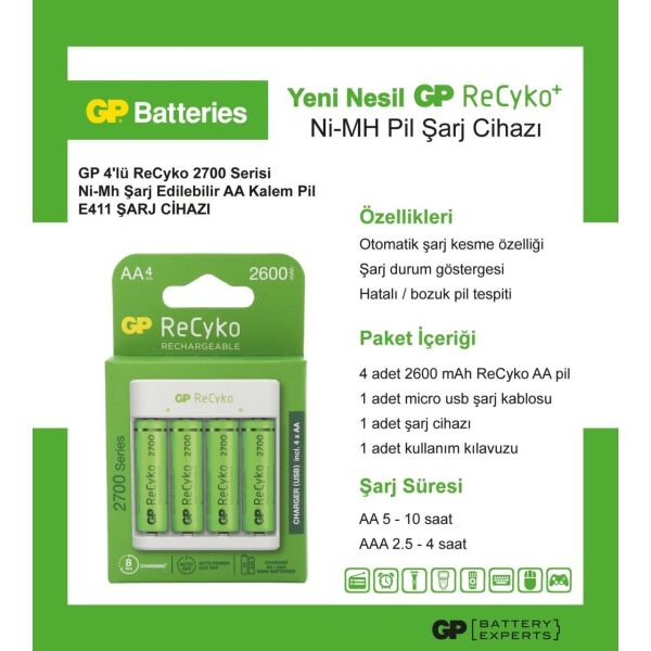GP E411 USB Şarj Cihazı + 4 lü AA 2600 mAh Pil