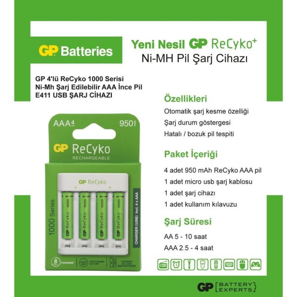 GP E411 USB Şarj Cihazı + 4 lü AAA 950 mAh Pil
