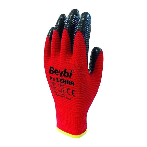 BEYBİ NİTRİL 9 ZEBRA KIRMIZI-SİYAH POLY ÖRME ELDİVEN