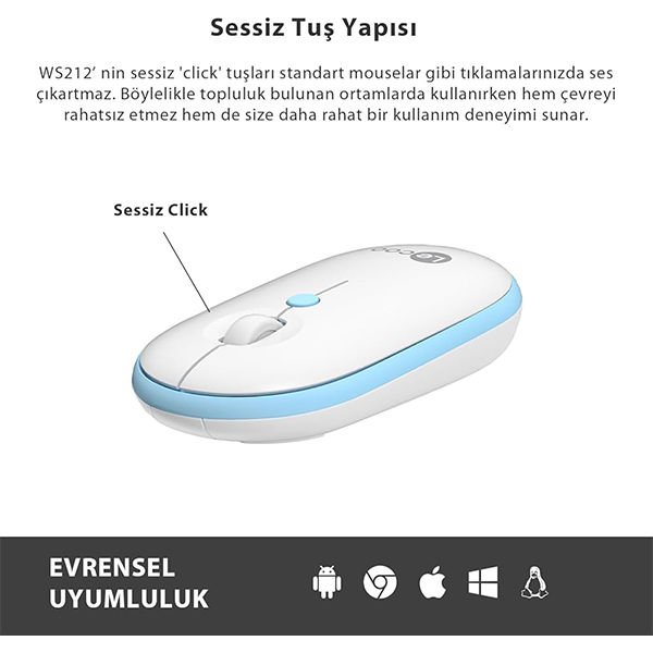 LENOVO LECOO WS212 BEYAZ-MAVİ KABLOSUZ 1600DPI 4 TUŞLU OPTİK MOUSE