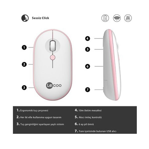 LENOVO LECOO WS212 BEYAZ-PEMBE KABLOSUZ 1600DPI 4 TUŞLU OPTİK MOUSE