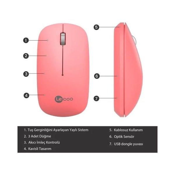 Lenovo LECOO WS214 Pembe Kablosuz 1200dpi Optic Mouse