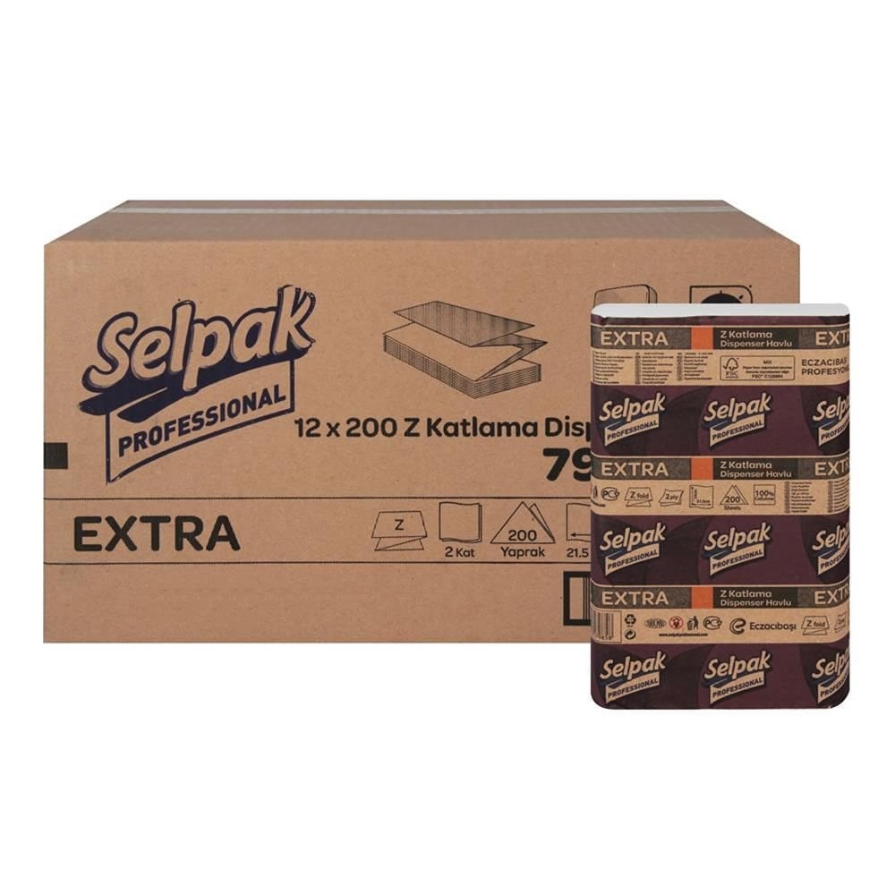 SELPAK PROFESSİONAL EXTRA Z KATLI 200 YAPRAK 1 KOLİ=12 PAKET DİSPENSER HAVLU KAĞIT