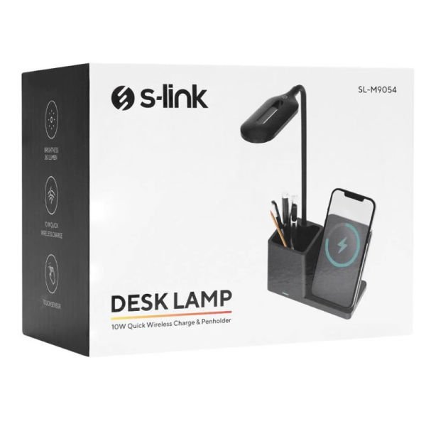 S-link SL-M9054 Siyah TypeC 10W Kablosuz Şarj Cihazı Kalemlikli Masa Lambası
