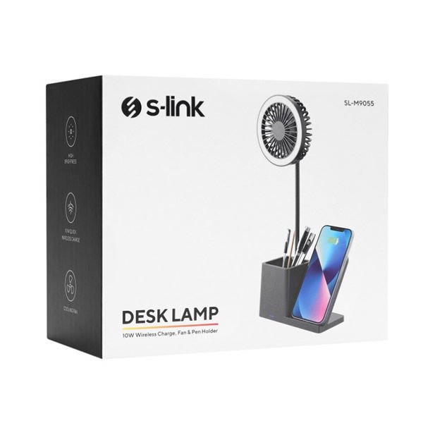 S-link SL-M9055 Siyah TypeC 10W Kablosuz Şarj Cihazlı Kalemlikli Mini Vantilatörlü Masa Lambası