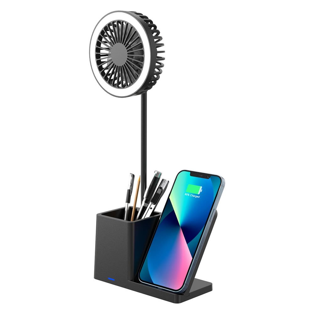 S-link SL-M9055 Siyah TypeC 10W Kablosuz Şarj Cihazlı Kalemlikli Mini Vantilatörlü Masa Lambası