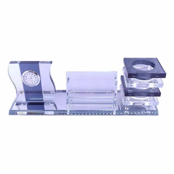 Unık Au-26 Kartvizitli Saatli Kalemlikli Kristal Masa Seti