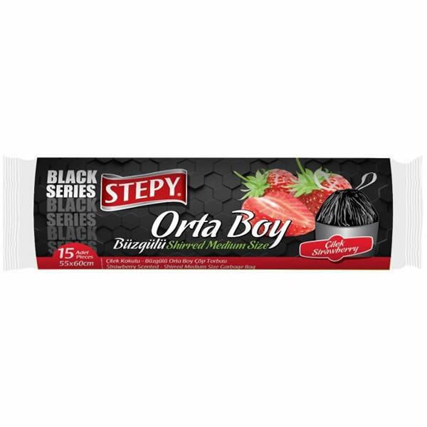 STEPY 55X60 15 Lİ BÜZGÜLÜ ORTA BOY ÇİLEK KOKULU ÇÖP POŞETİ