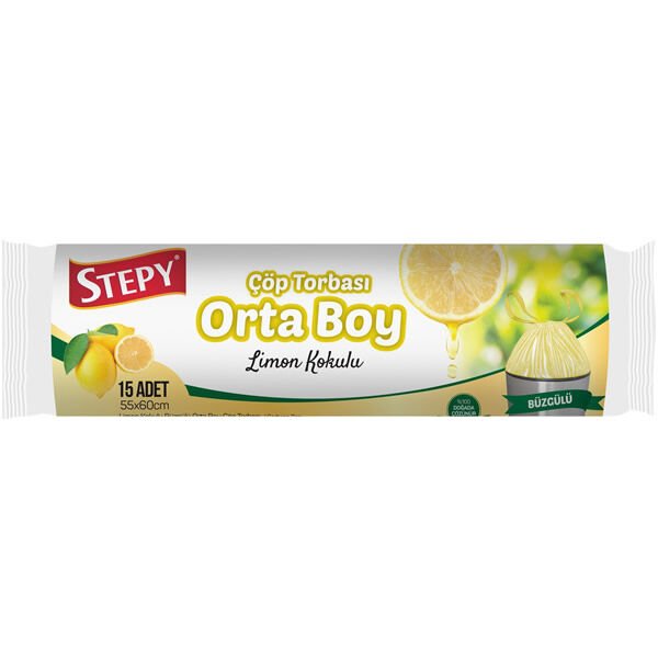 Stepy 55x60 15 li Orta Boy Büzgülü Limon Kokulu Çöp Poşeti